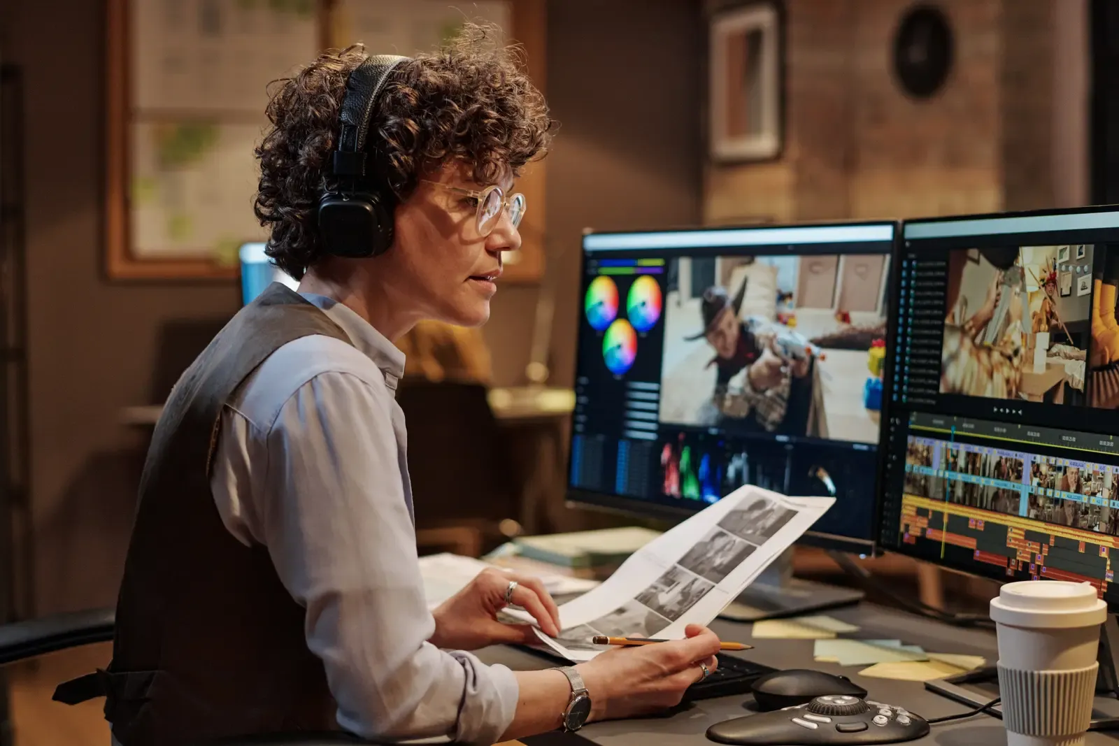 Woman with headphones at a video editing workstation reviewing footage on dual monitors