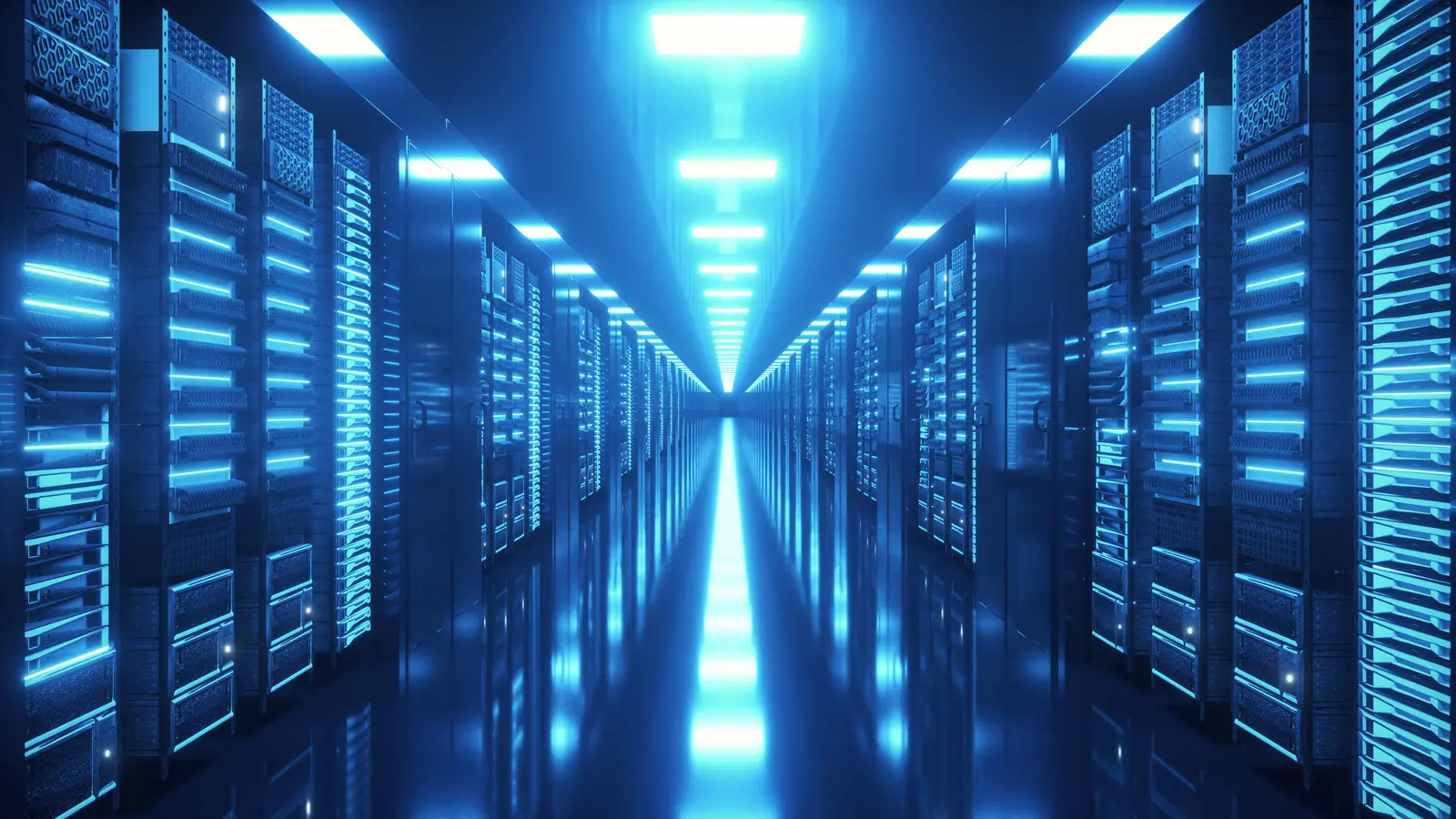 Server racks in a blue-lit data center extending into the distance