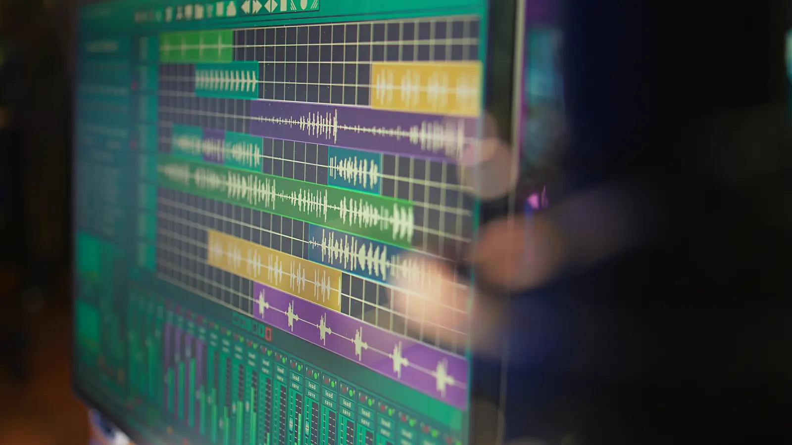 Digital editing workstation showing colorful waveforms and timeline tracks
